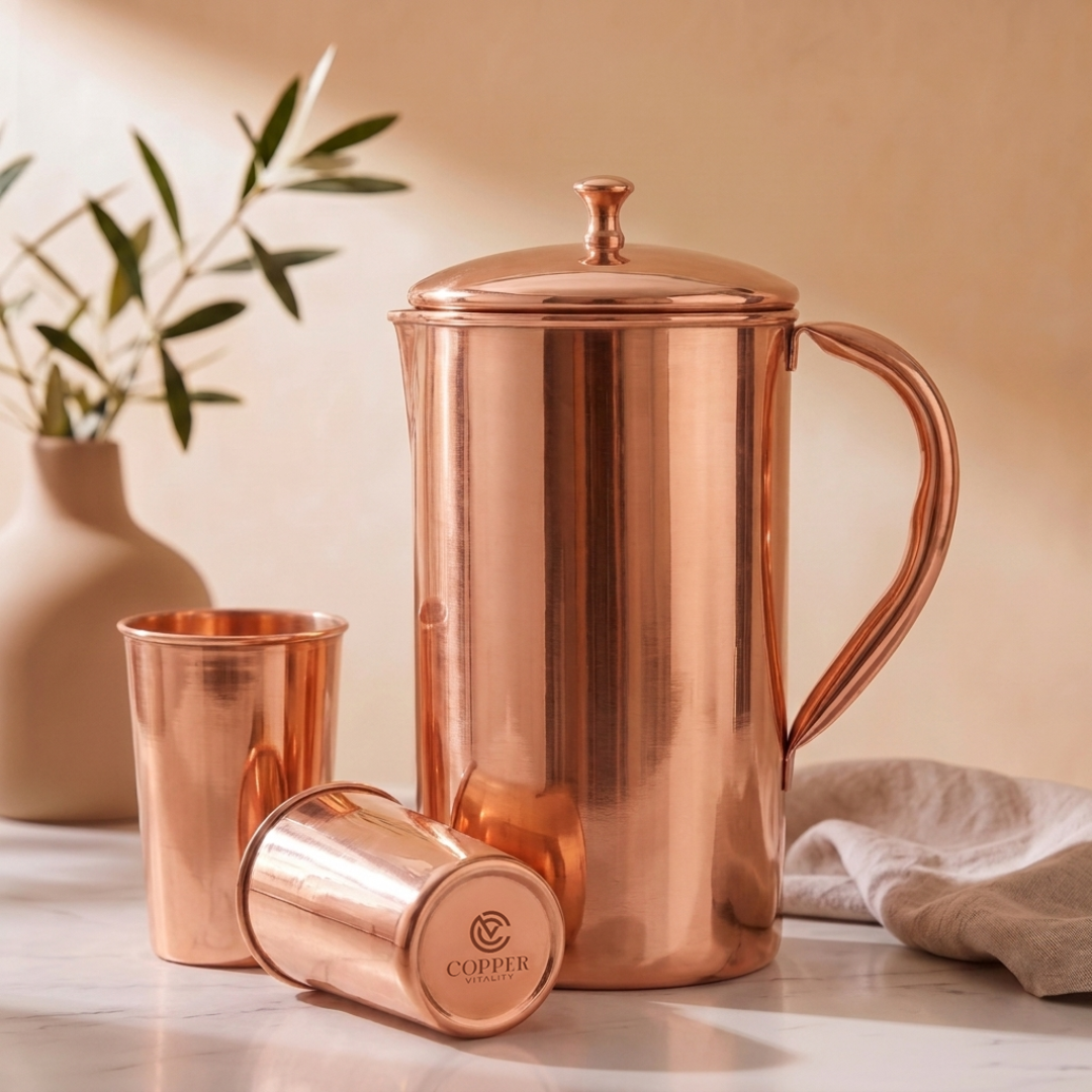 Elegante Koperen Kan 2 Liter — Inclusief 2 Koperen Bekers